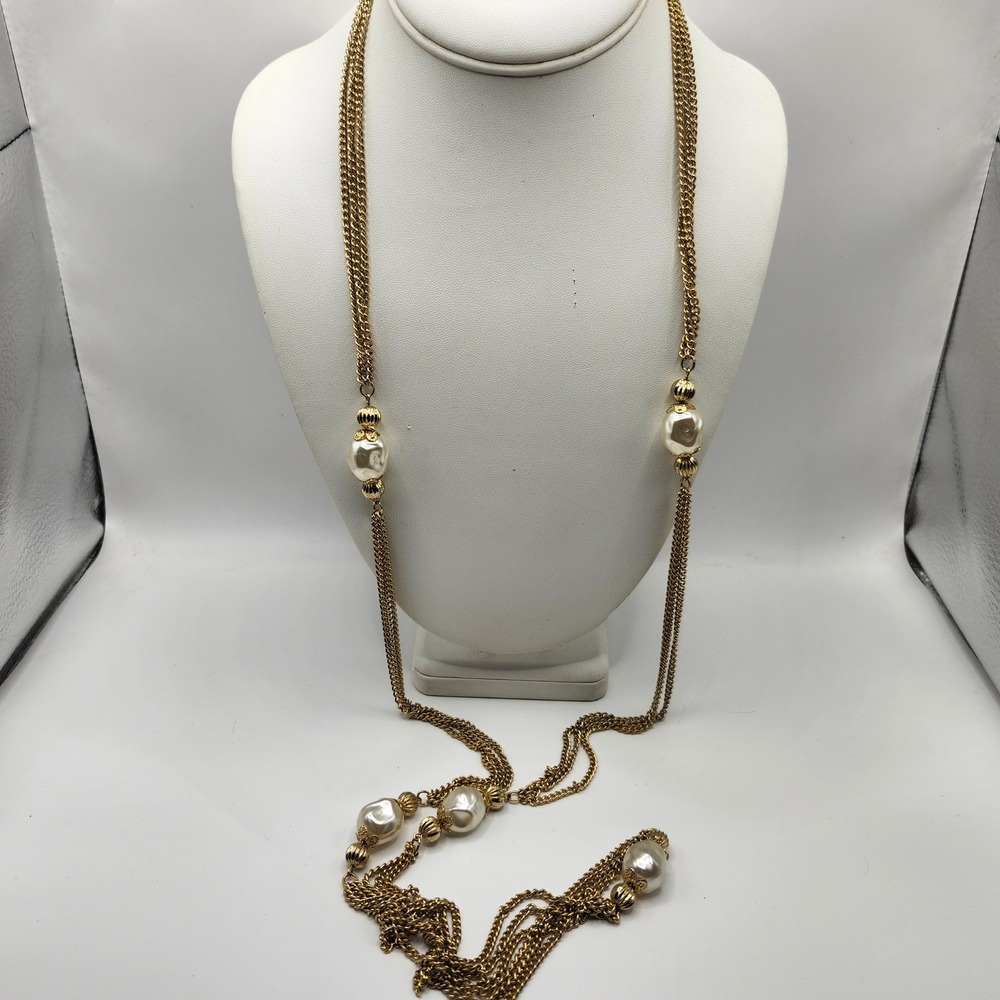 Vintage Gold Tone Multi Strand Long Chain Faux Baroque Pearl Station Necklace